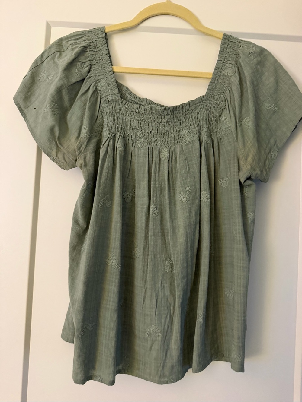 Madewell Sage Green Smocked Square Neck Peasant Top